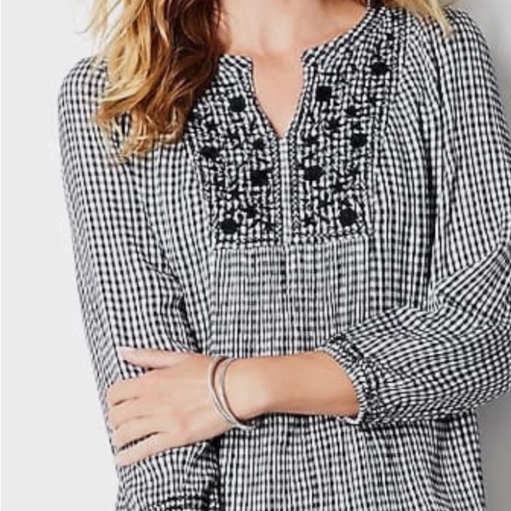 Black & White J Jill Gingham Embroidered Peasant Top - Women's